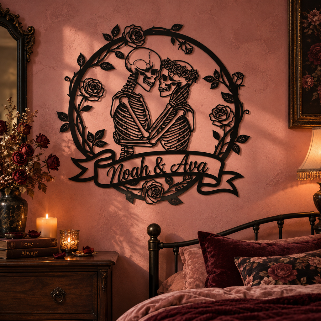 Custom skeleton couple metal sign, personalized gothic wall art, view 6