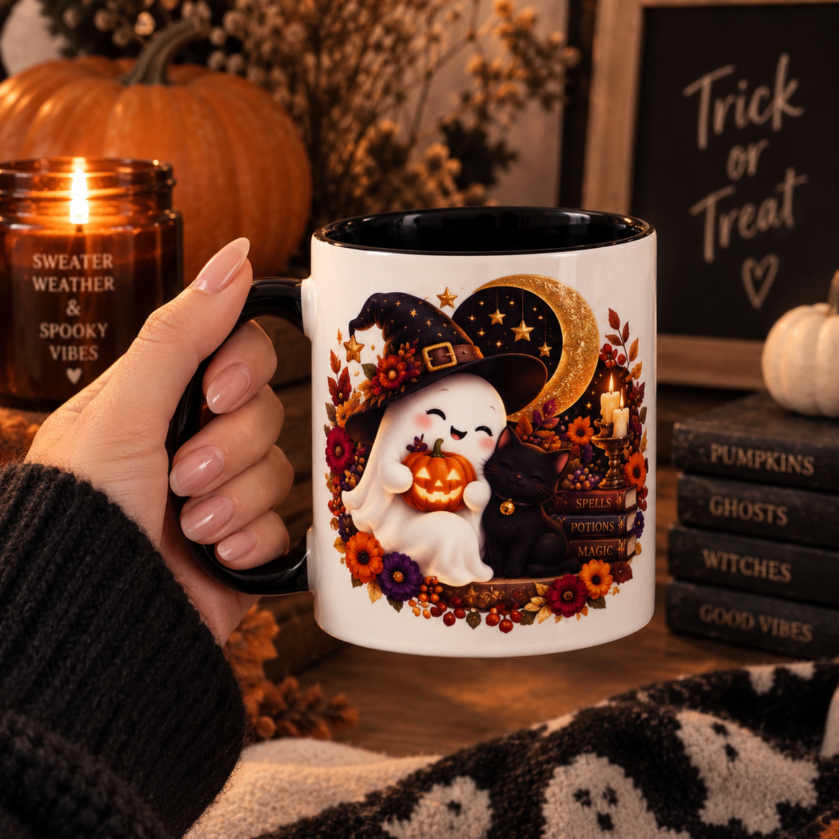 Cute ghost and black cat Halloween ceramic mug, view 5