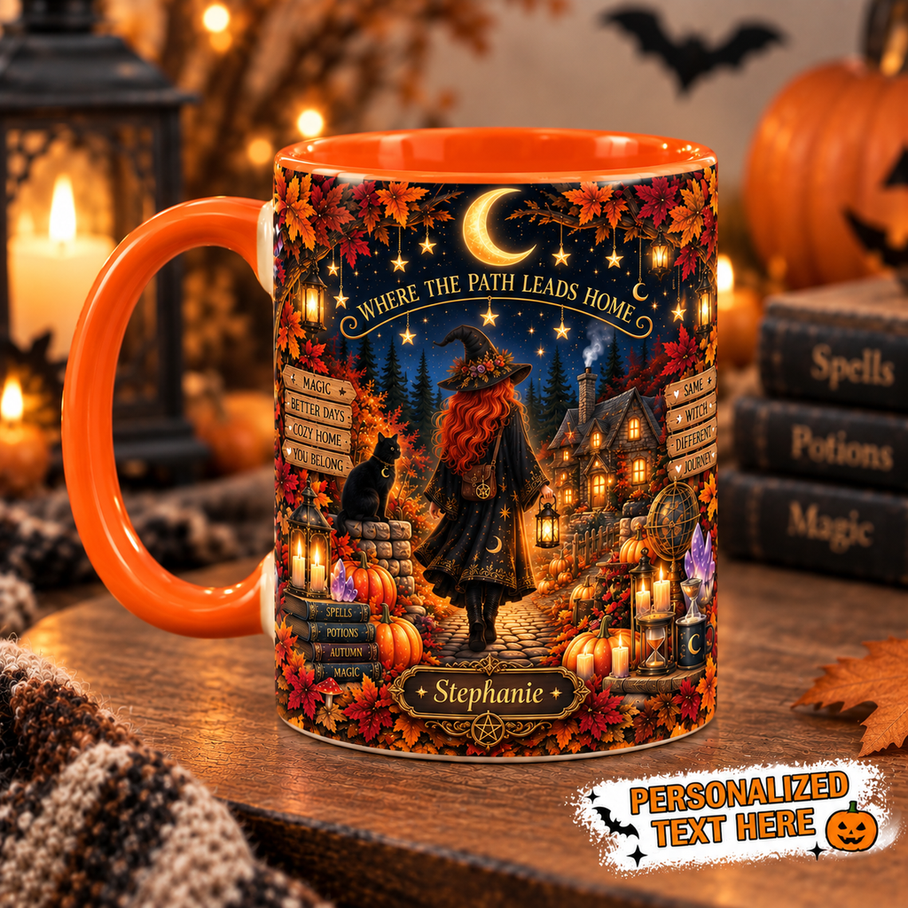Personalized autumn witch and cozy cottage ceramic mug, view 5