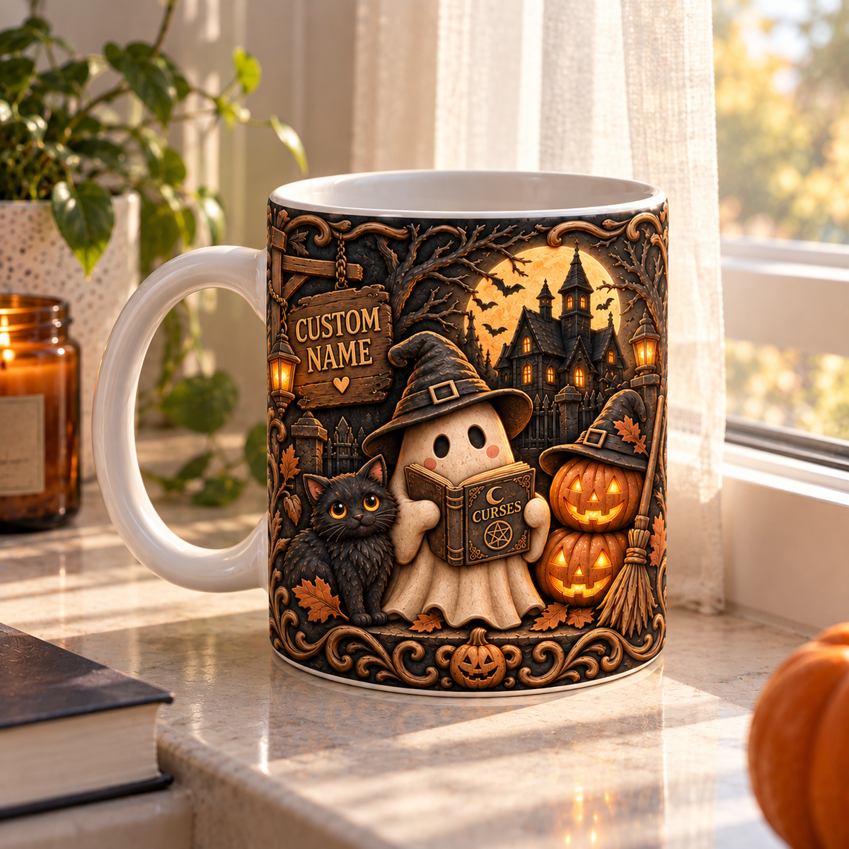 Personalized 3D illusion ghost and haunted house mug, view 5