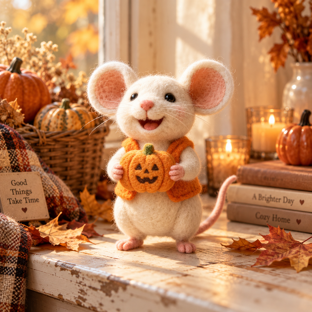 Needle felted Halloween mouse figurine with pumpkin, view 5