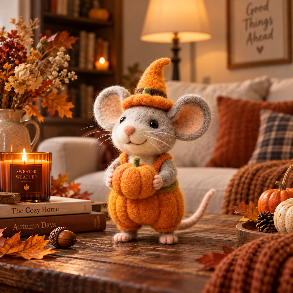 Needle felted Halloween mouse figurine with pumpkin, view 4