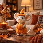 Needle felted Halloween mouse figurine with pumpkin, view 4