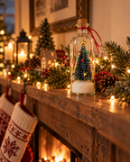 Christmas tree in a bottle voice keepsake on a fireplace mantel with string lights