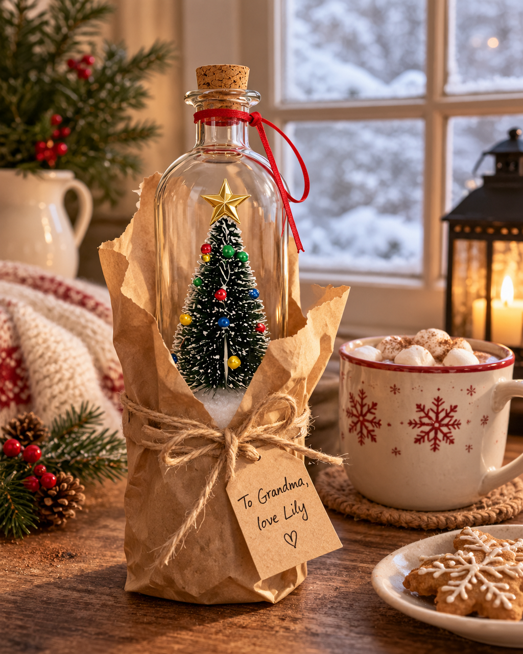 Recordable Christmas bottle wrapped as a gift for grandma with handwritten tag