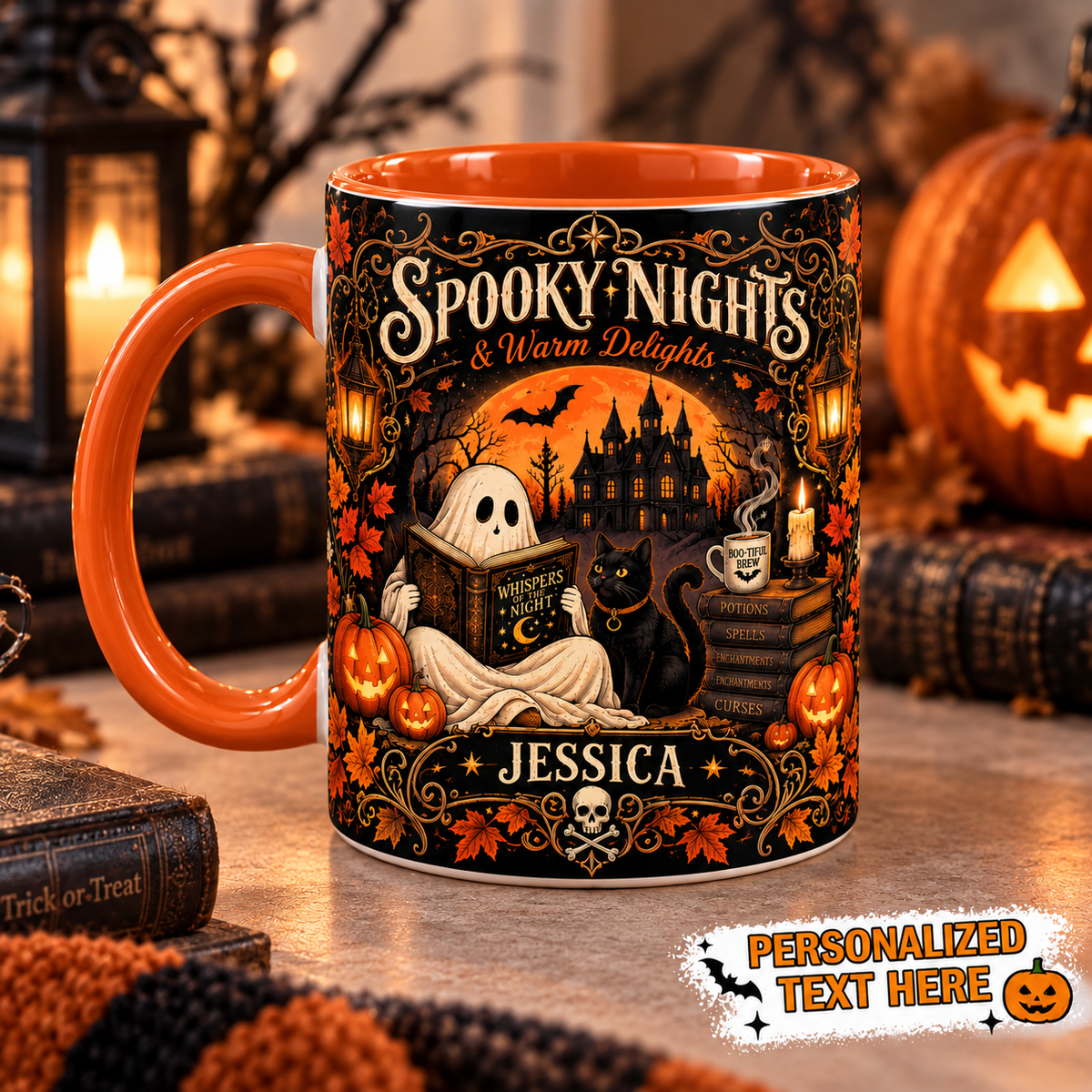 Personalized Spooky Nights reading ghost Halloween mug, view 2