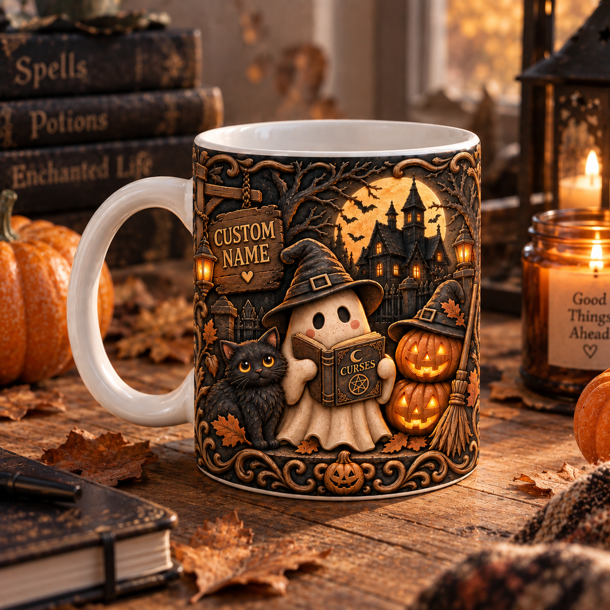 Personalized 3D illusion ghost and haunted house mug, view 6