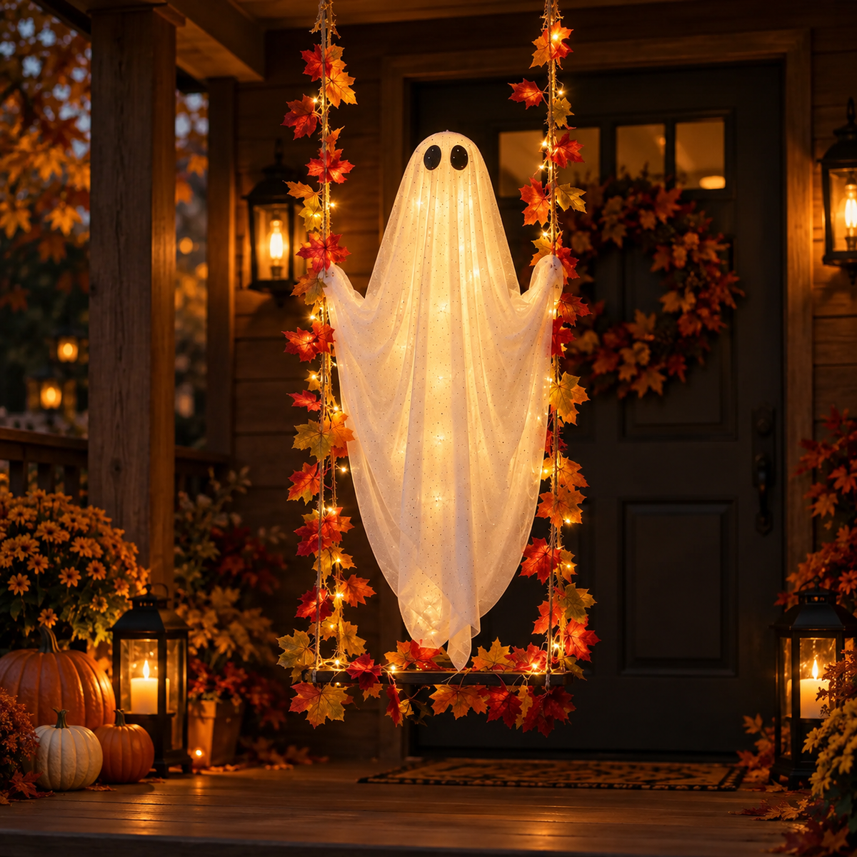 Lighted hanging ghost on a swing porch decor, view 3