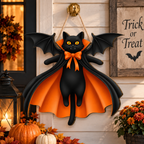 Black cat with vampire bat wings wooden Halloween sign, view 4