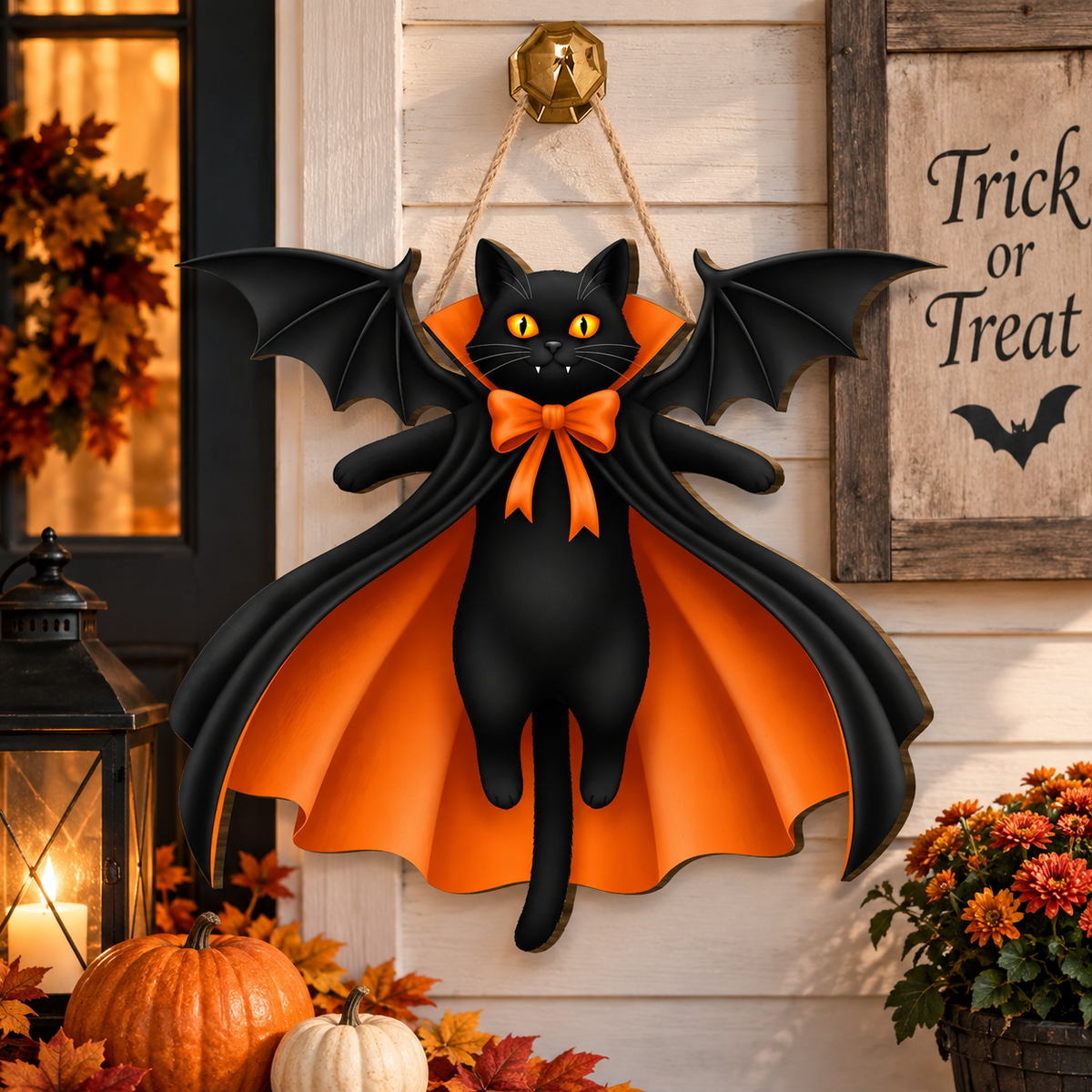 Black cat with vampire bat wings wooden Halloween sign, view 4