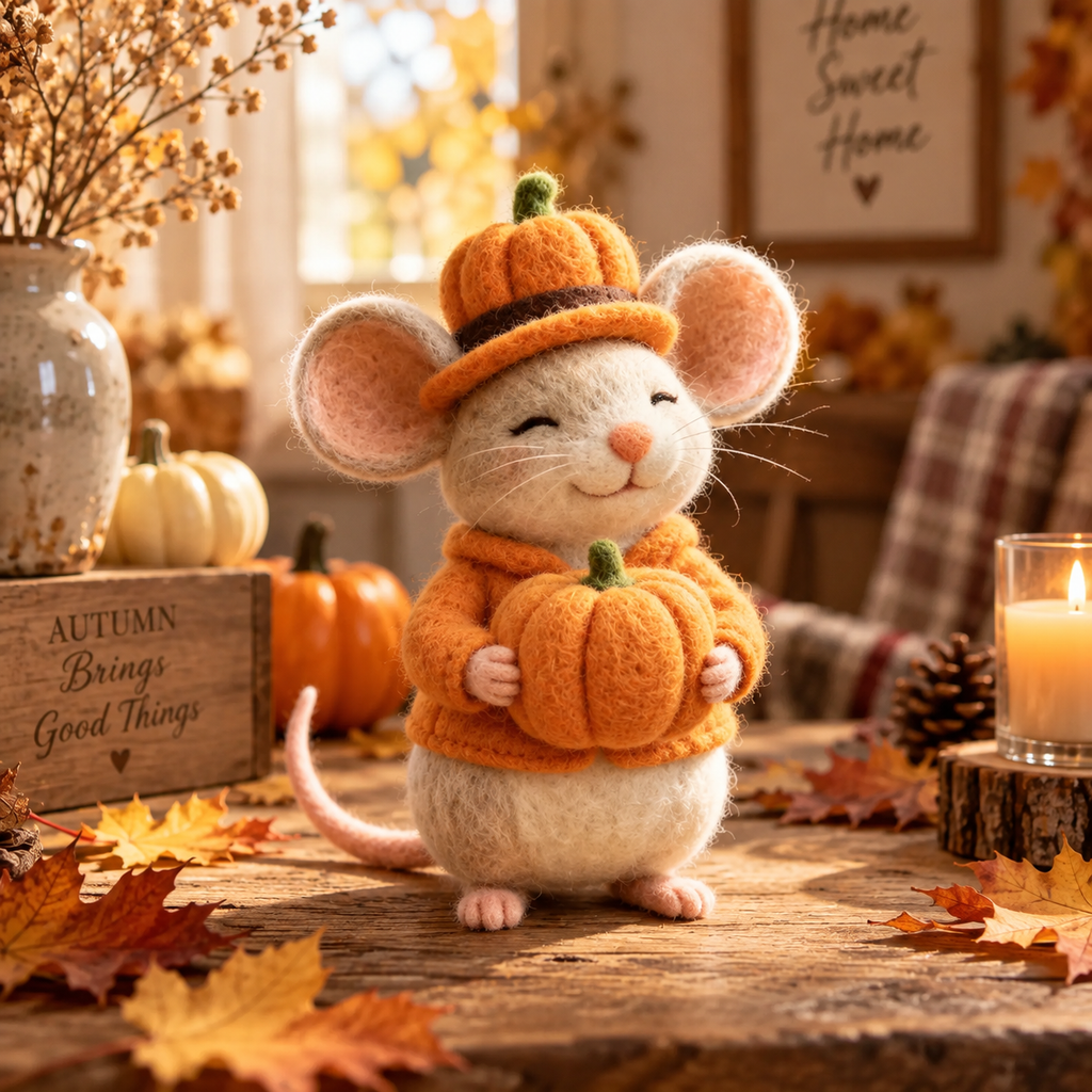 Needle felted Halloween mouse figurine with pumpkin, view 2