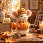 Needle felted Halloween mouse figurine with pumpkin, view 2