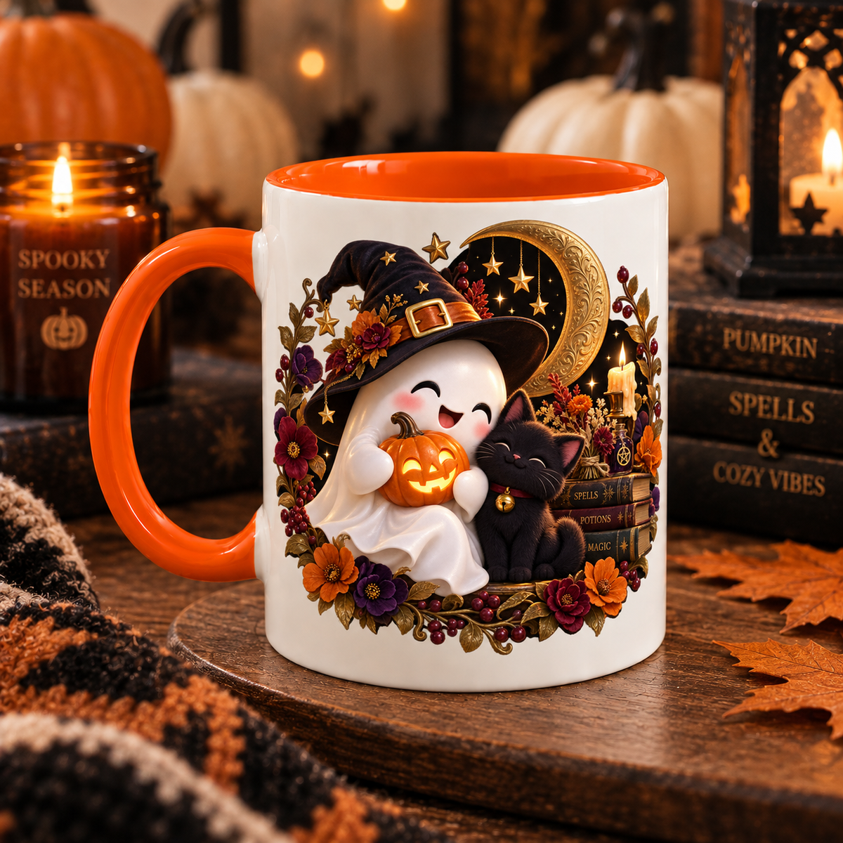 Cute ghost and black cat Halloween ceramic mug, view 3