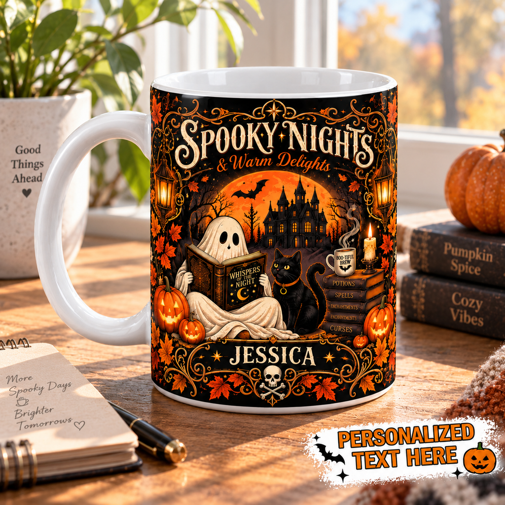 Personalized Spooky Nights reading ghost Halloween mug, view 5