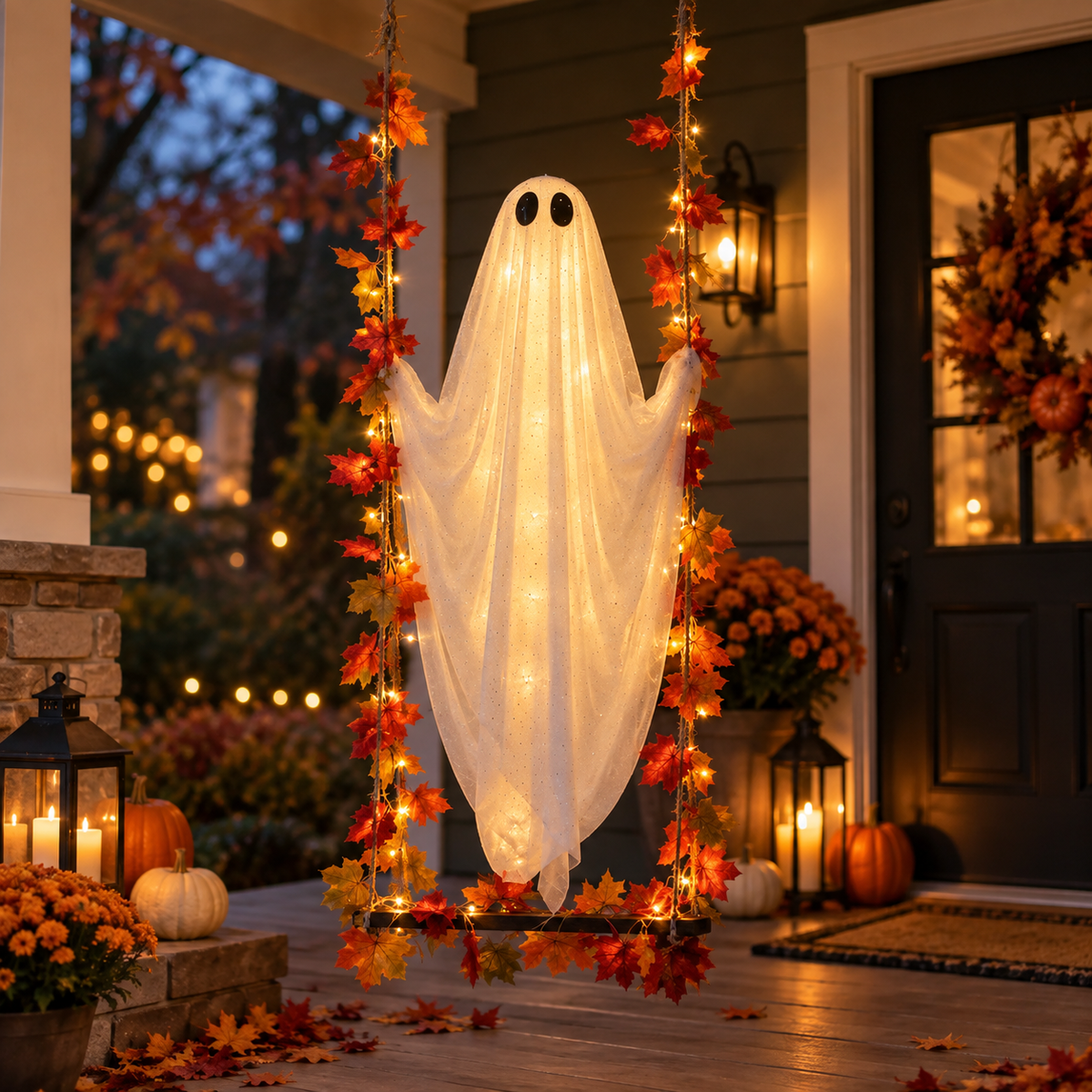 Lighted hanging ghost on a swing porch decor, view 4