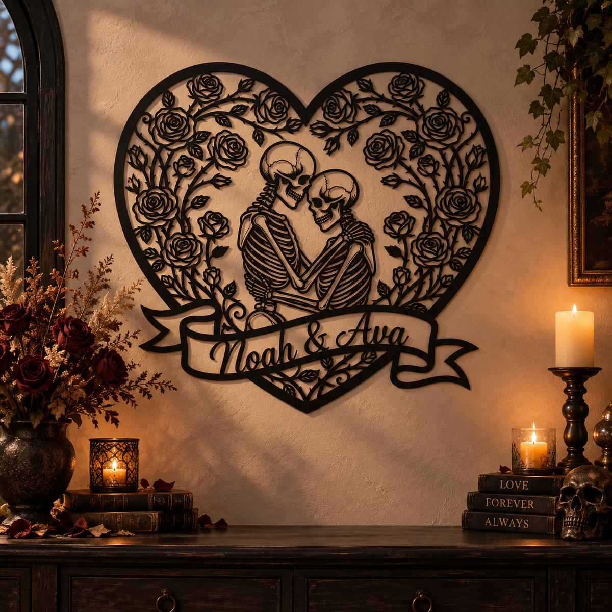 Custom skeleton couple metal sign, personalized gothic wall art, view 2
