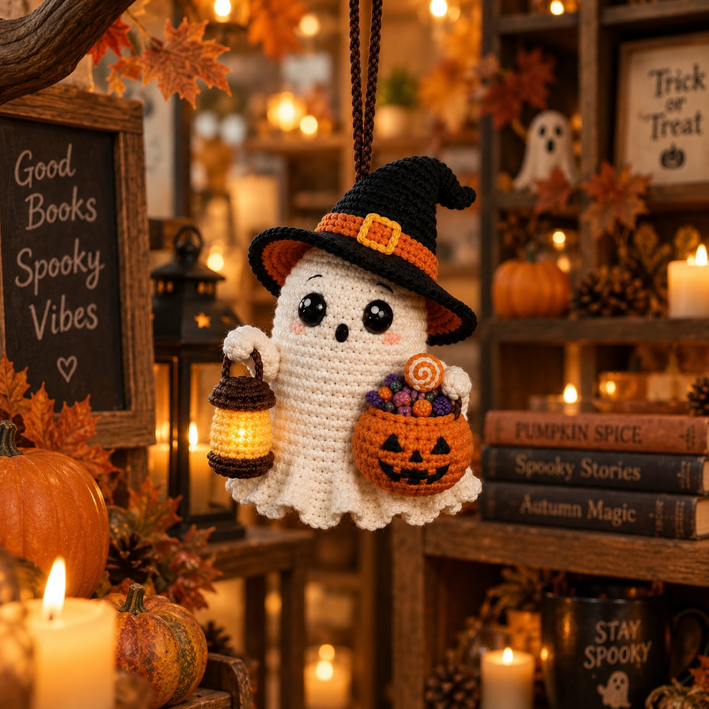 Crochet ghost car charm for rearview mirror, view 4