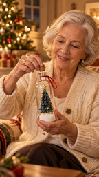 Grandma pulling the cork to play a recorded voice message in the Christmas bottle