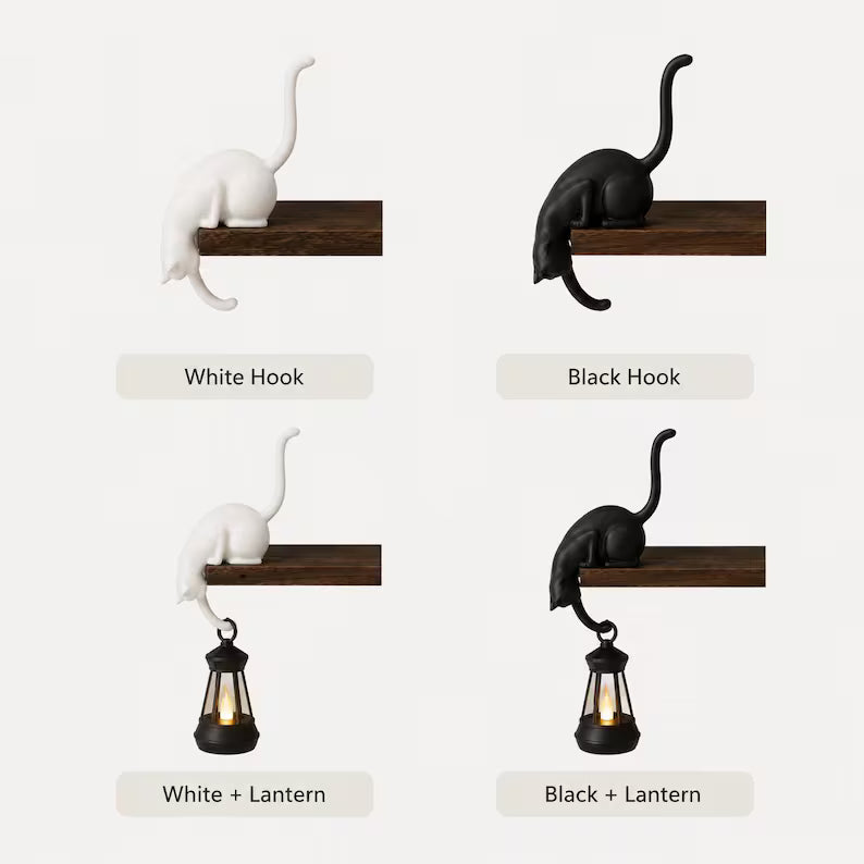3D printed cat shelf hook with light and custom name, view 3