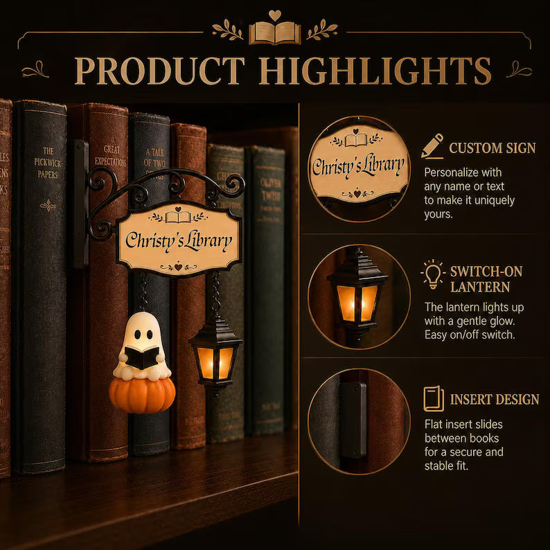 Personalized reading ghost with lantern bookshelf lamp, view 5