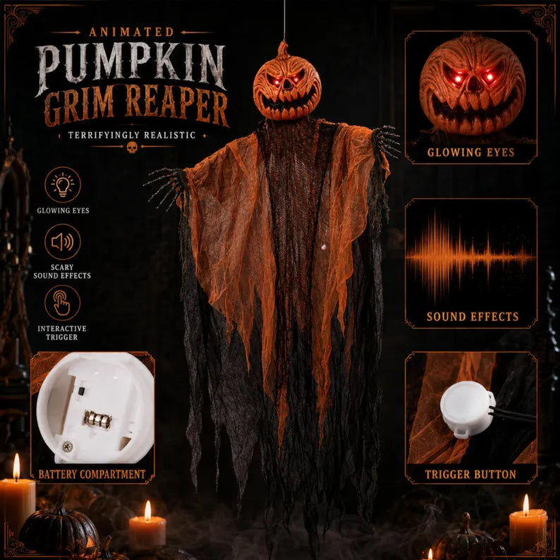 63-inch lighted pumpkin grim reaper hanging Halloween prop, view 2