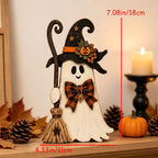 Rustic wooden Halloween tiered tray set with ghost, pumpkin and cat, view 2