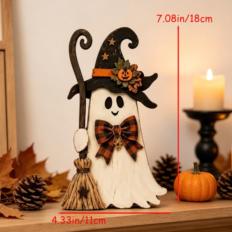 Rustic wooden Halloween tiered tray set with ghost, pumpkin and cat, view 2