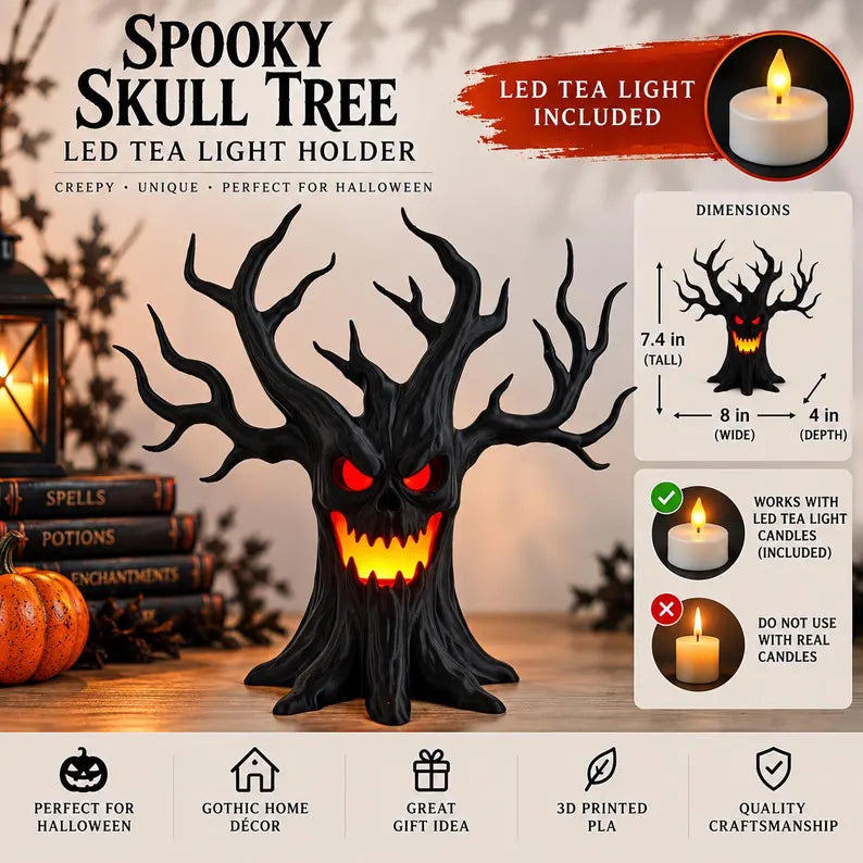 Skull tree LED tea light holder with glowing eyes, view 6
