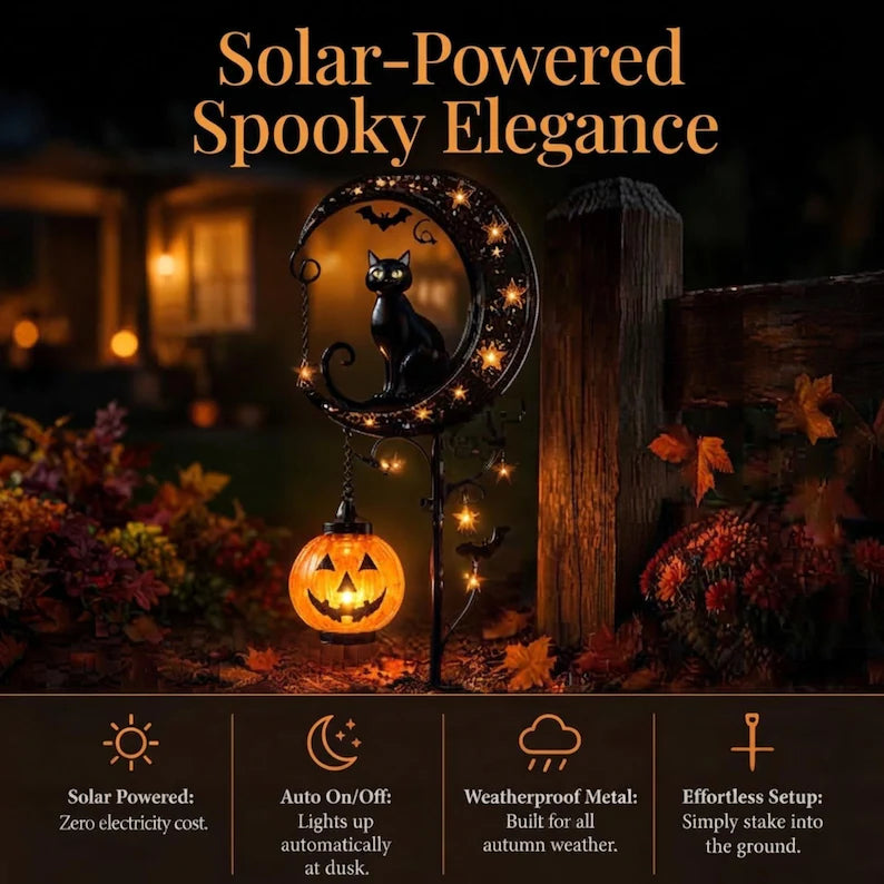 Black cat and moon solar stake light, outdoor Halloween pathway lantern, view 5