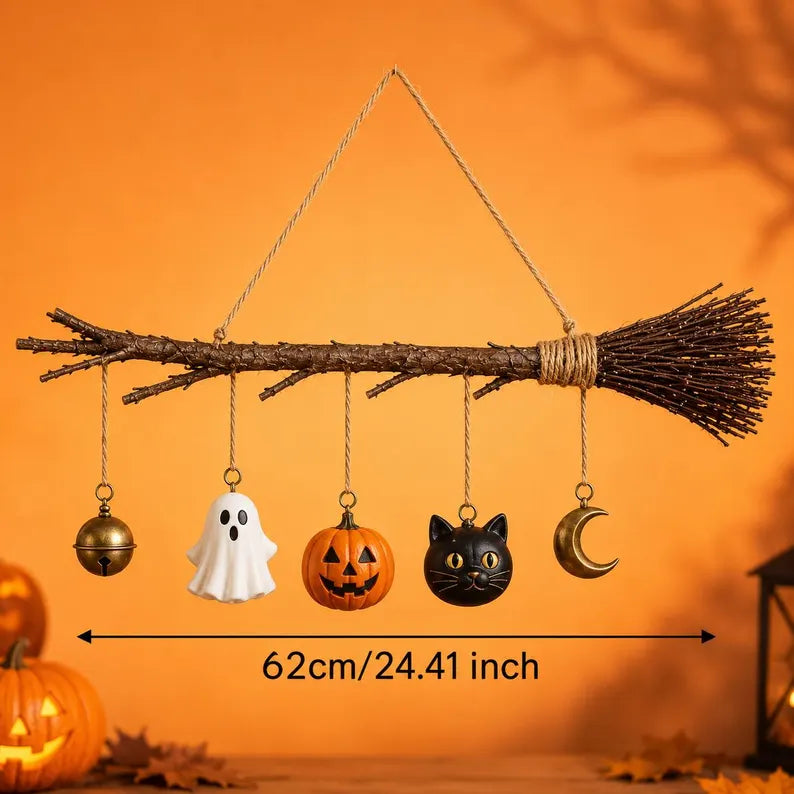 Lighted Halloween broom wall hanging with ghost, pumpkin, black cat and moon, view 4