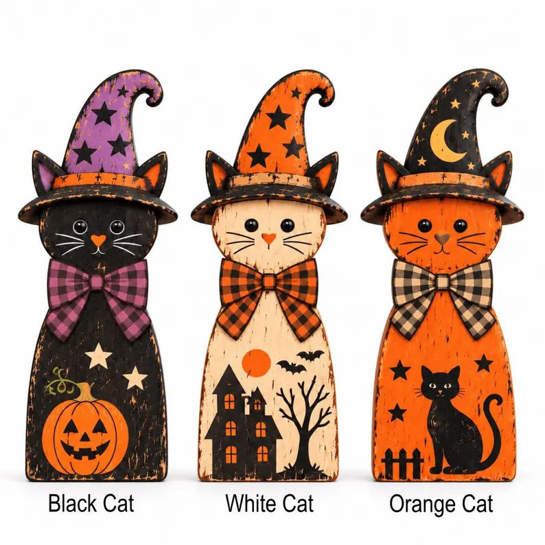Three-piece wooden witch cat shelf sitter set, view 3