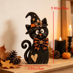 Rustic wooden Halloween tiered tray set with ghost, pumpkin and cat, view 3