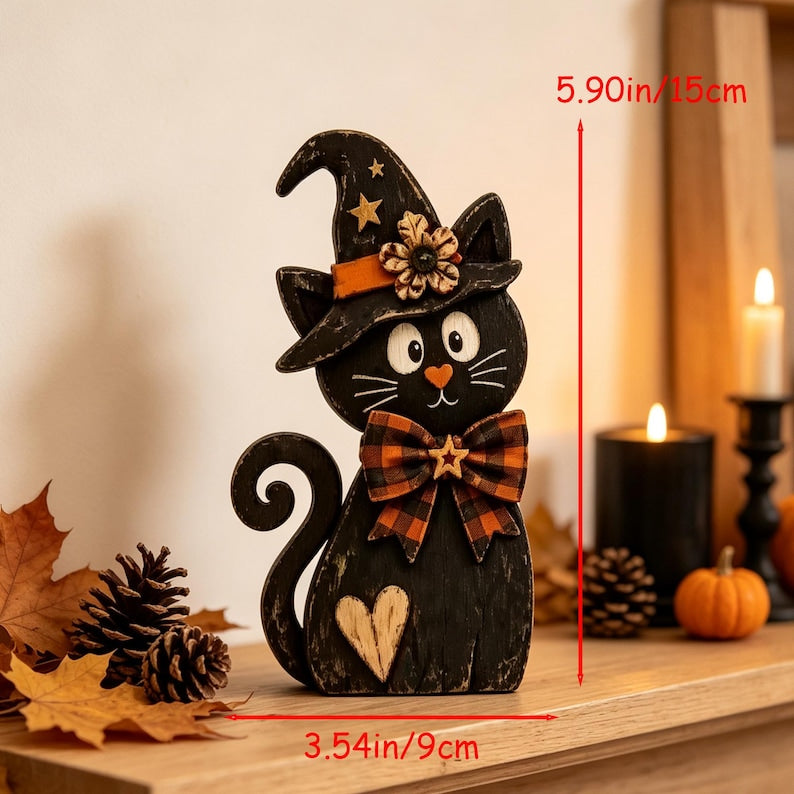 Rustic wooden Halloween tiered tray set with ghost, pumpkin and cat, view 3