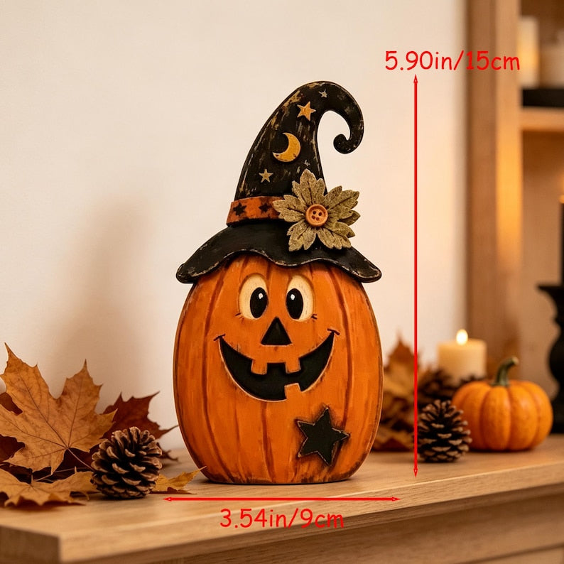 Rustic wooden Halloween tiered tray set with ghost, pumpkin and cat, view 4