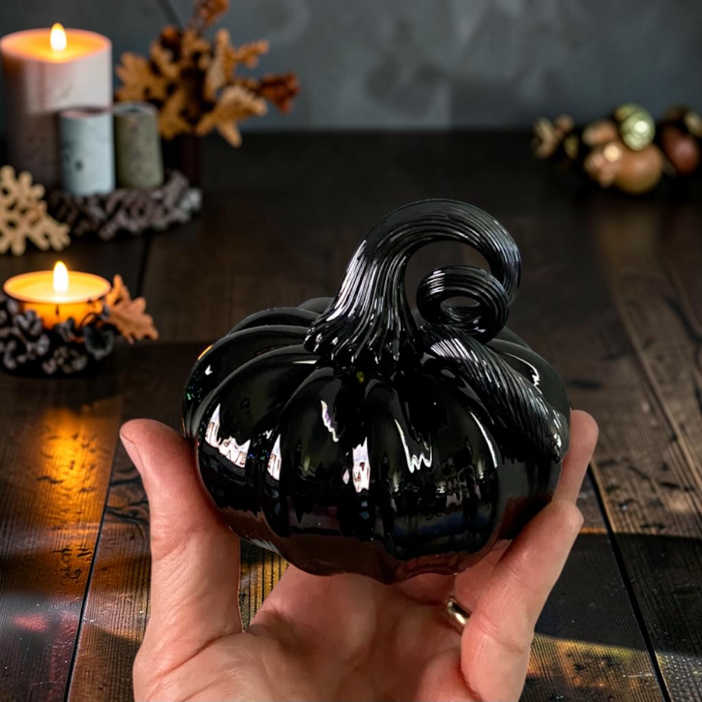 Iridescent glass pumpkin with curly vine, fall centerpiece, view 4