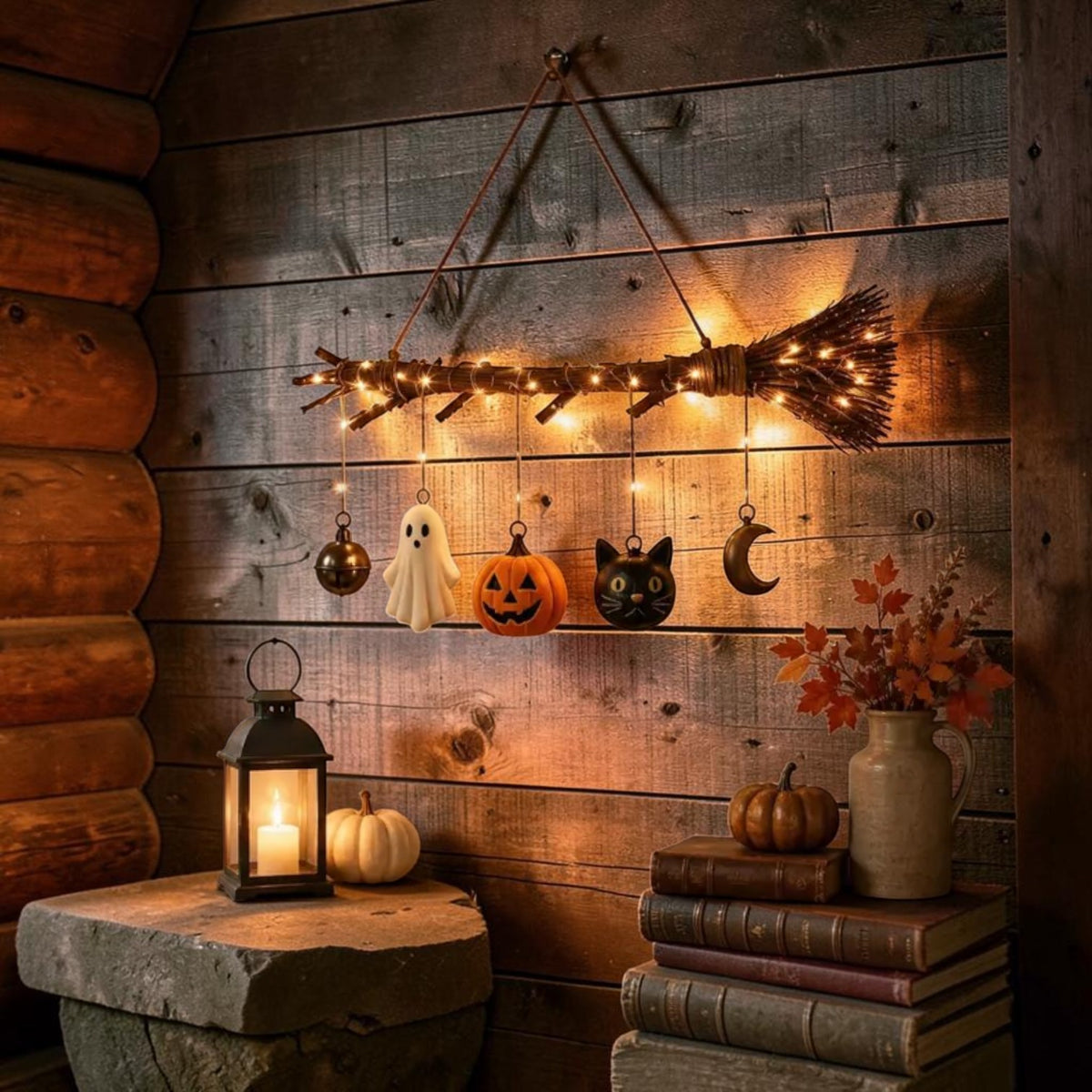 Lighted Halloween broom wall hanging with ghost, pumpkin, black cat and moon, view 2