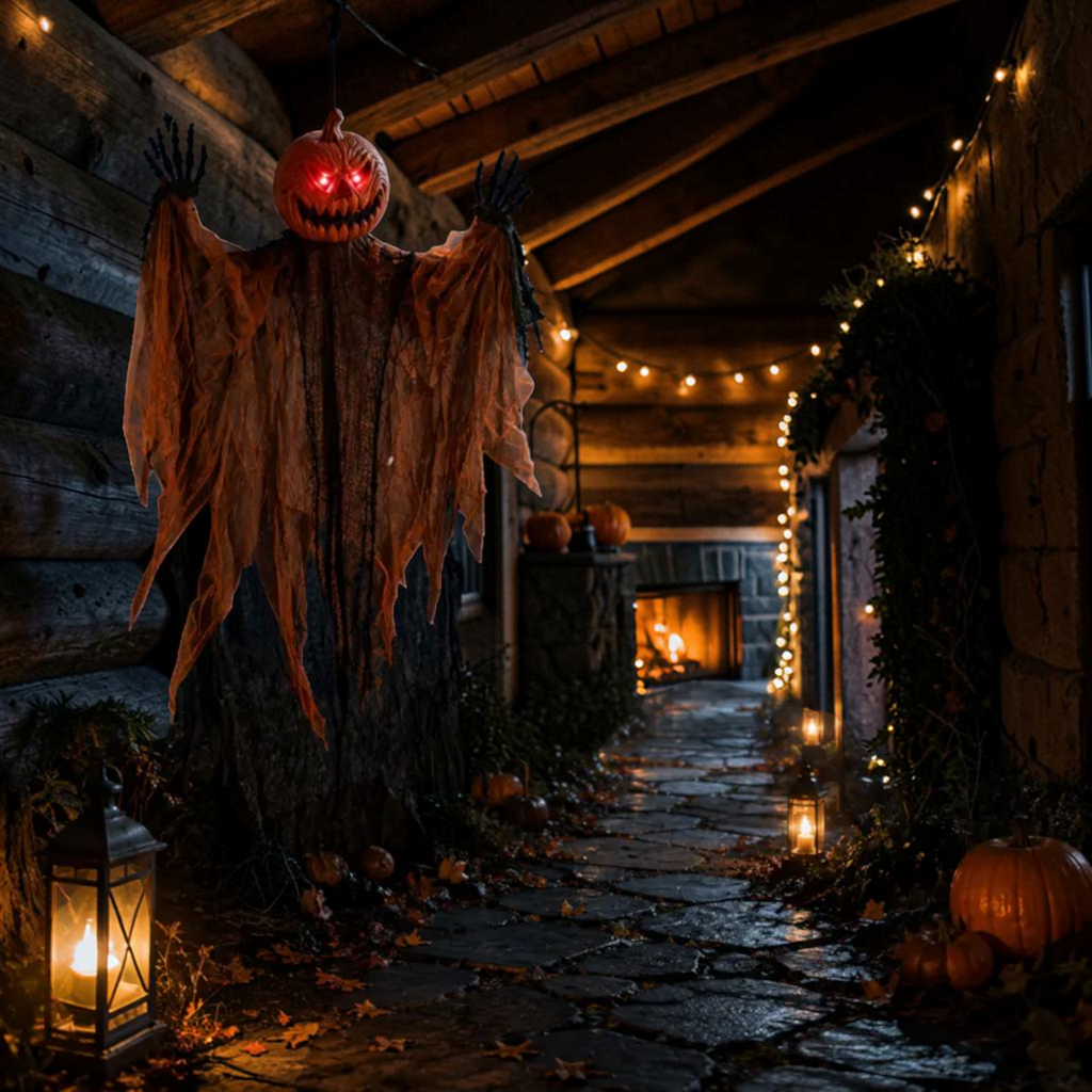 63-inch lighted pumpkin grim reaper hanging Halloween prop, view 5