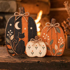 Three-piece wooden pumpkin set with black cat, fall tiered tray decor, view 3