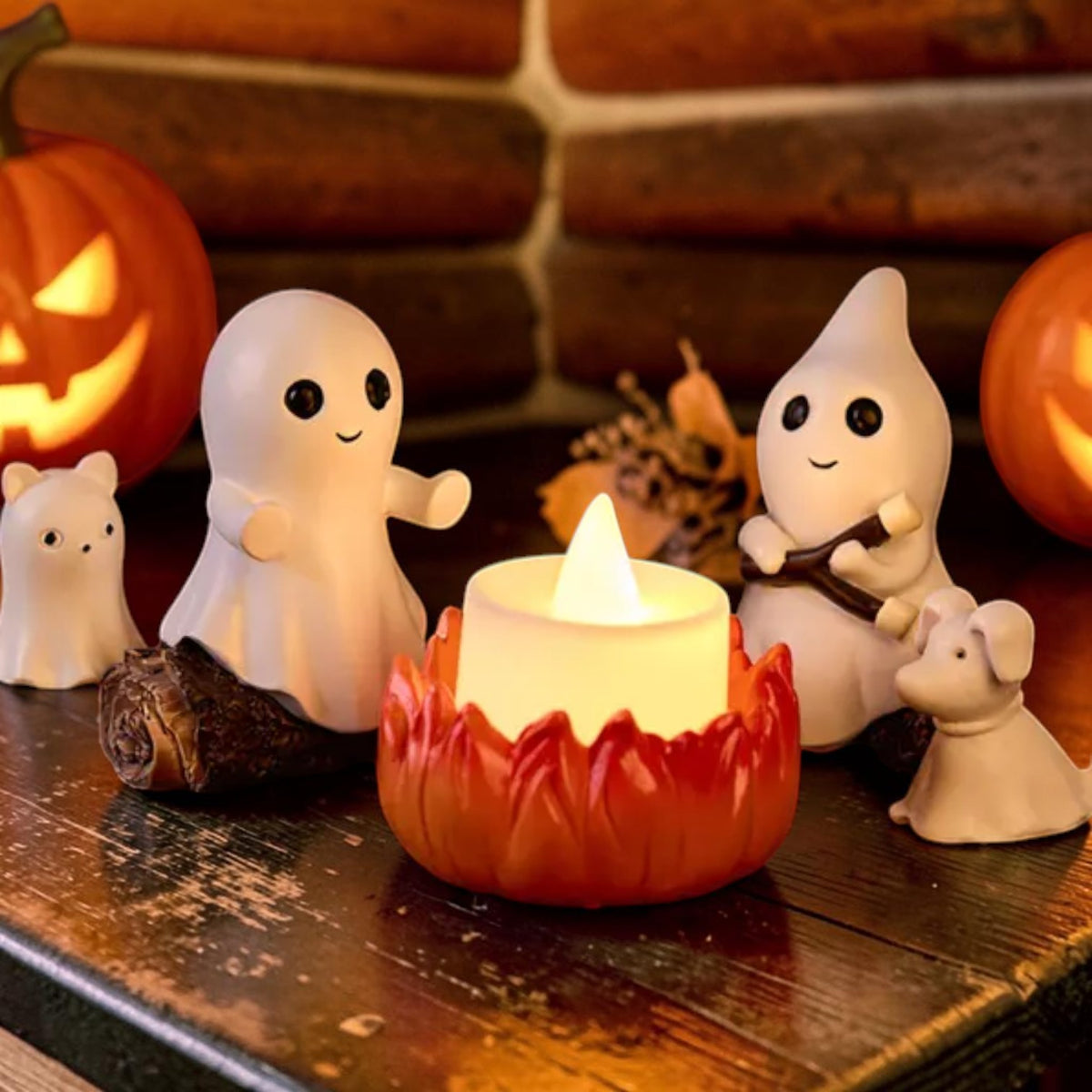 LED ghost campfire figurine set with two ghosts and a pet, cute Halloween decor, view 2