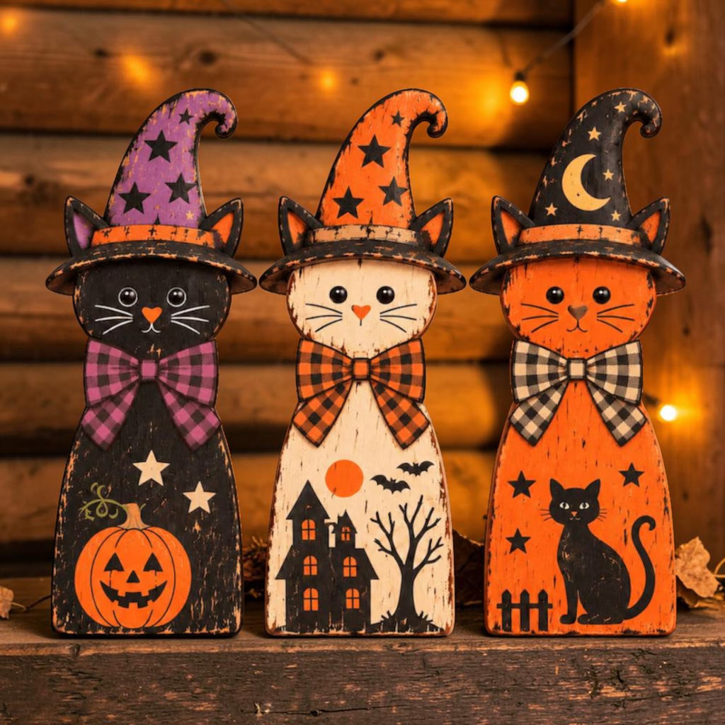 Three-piece wooden witch cat shelf sitter set | USAGatherCo