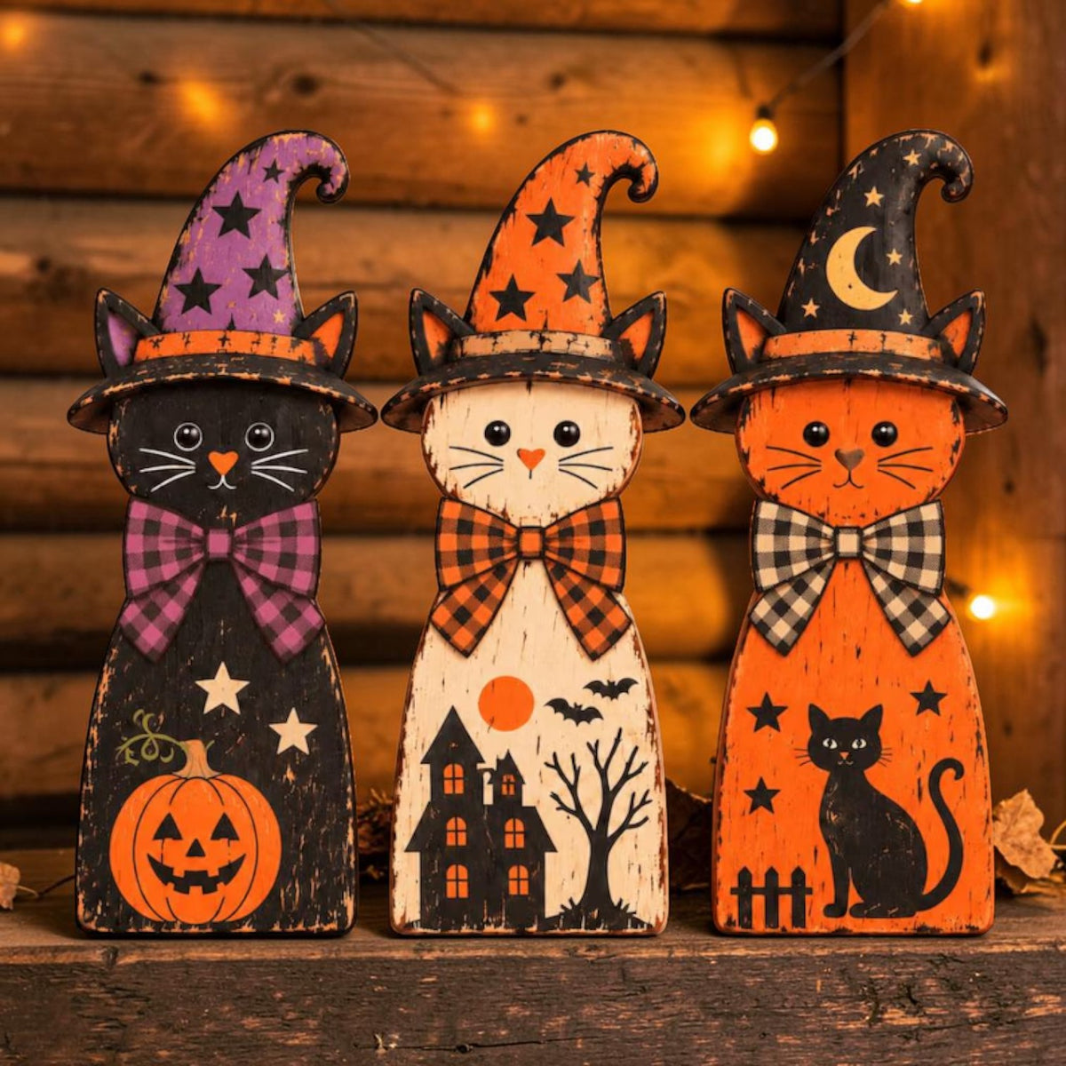 Three-piece wooden witch cat shelf sitter set | USAGatherCo