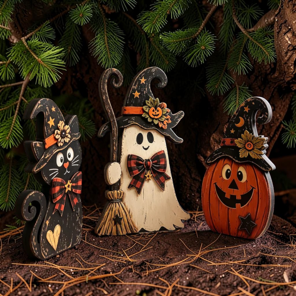 Rustic wooden Halloween tiered tray set with ghost, pumpkin and cat | USAGatherCo