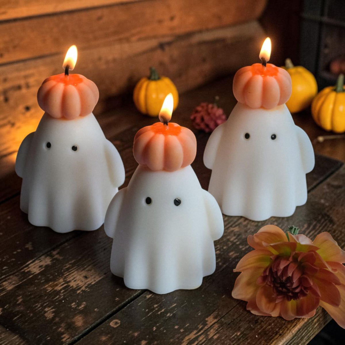 Soy wax ghost candle wearing a pumpkin hat | USAGatherCo