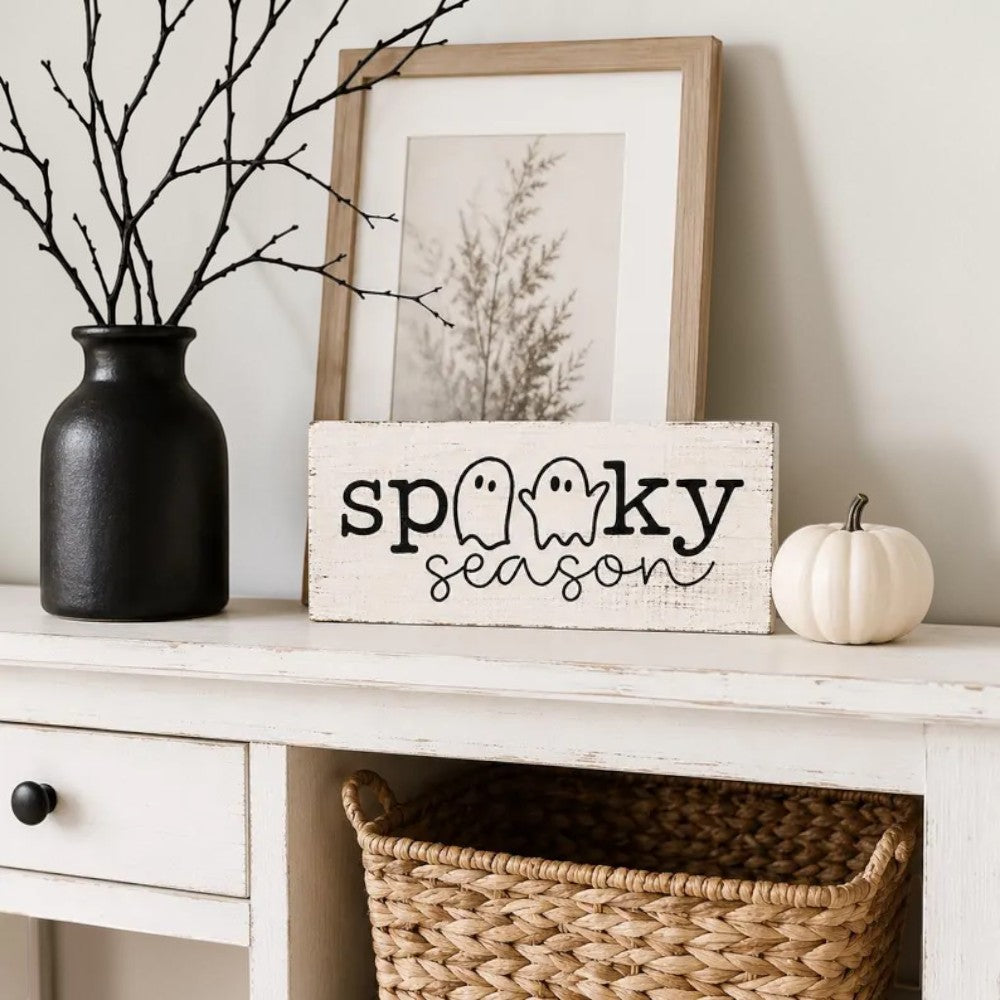 Rustic farmhouse Spooky Season ghost wooden sign, view 2
