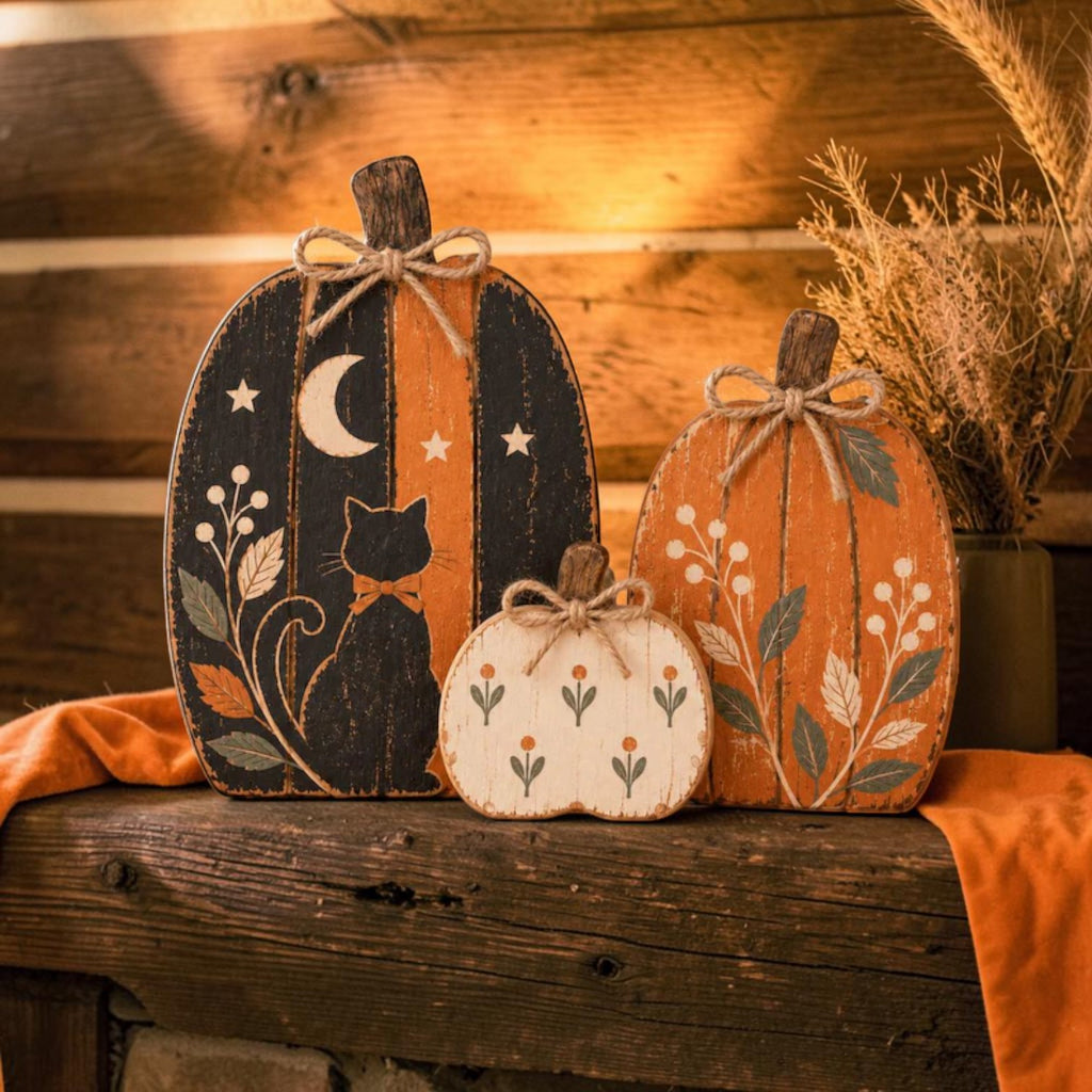 Three-piece wooden pumpkin set with black cat, fall tiered tray decor | USAGatherCo