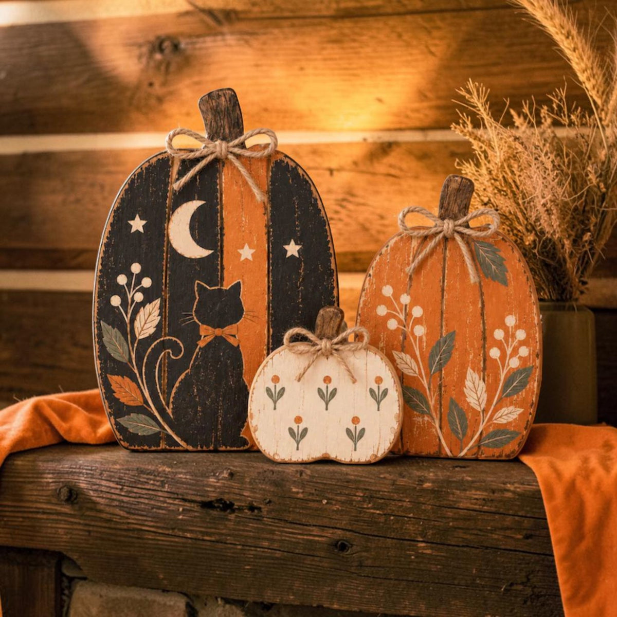 Three-piece wooden pumpkin set with black cat, fall tiered tray decor | USAGatherCo