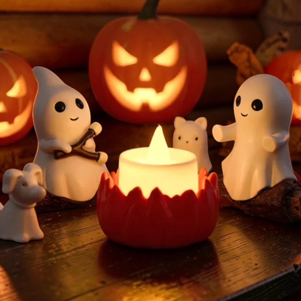LED ghost campfire figurine set with two ghosts and a pet, cute Halloween decor, view 3