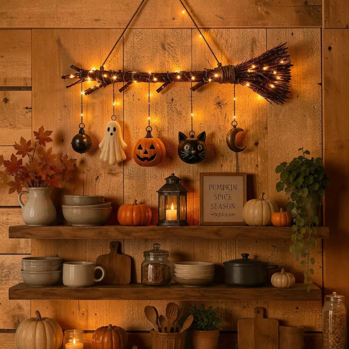 Lighted Halloween broom wall hanging with ghost, pumpkin, black cat and moon, view 3
