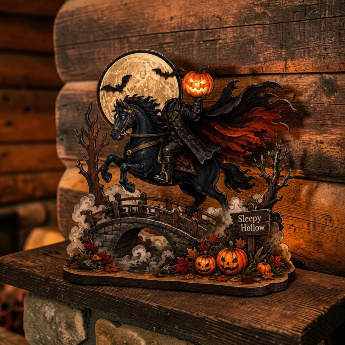 Headless Horseman wooden sign, Sleepy Hollow table decor, view 2