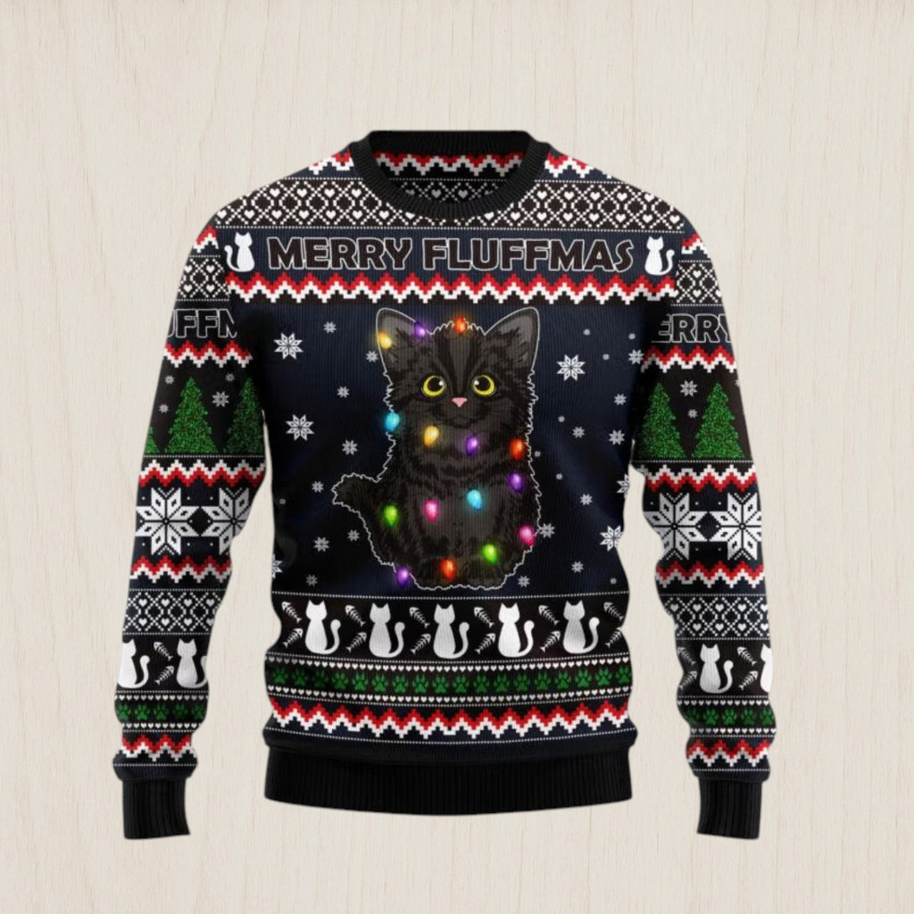 Black Cat Fluffmas Ugly Christmas Sweater